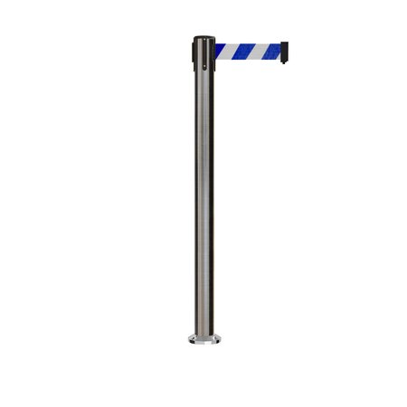 MONTOUR LINE Stanchion Belt Barrier Fixed Base Sat.Steel Post 9ft.Blue/White Belt MX630F-SS-BWD-90